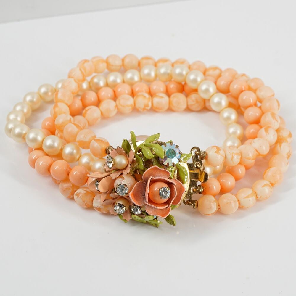 Vintage Enamel Flower Four-Strand Acrylic Bracelet Peach Pink Box Clasp 6.75